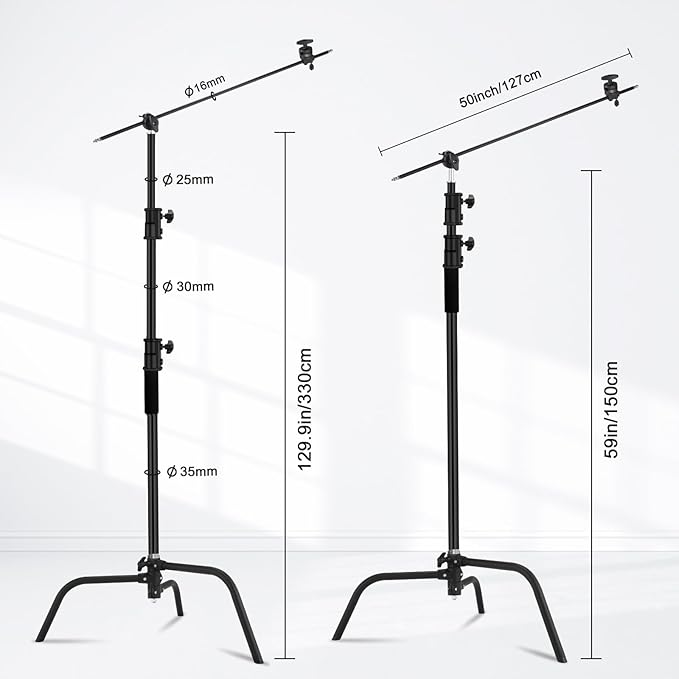 10.8ft/330cm Heavy Duty C Stand Stainless Steel Light Stand with Holding Arm 4.2ft/128cm Carry Bag 44LB/20KG Adjustable Stable for Photography Studio Video Monolight Softbox Shooting