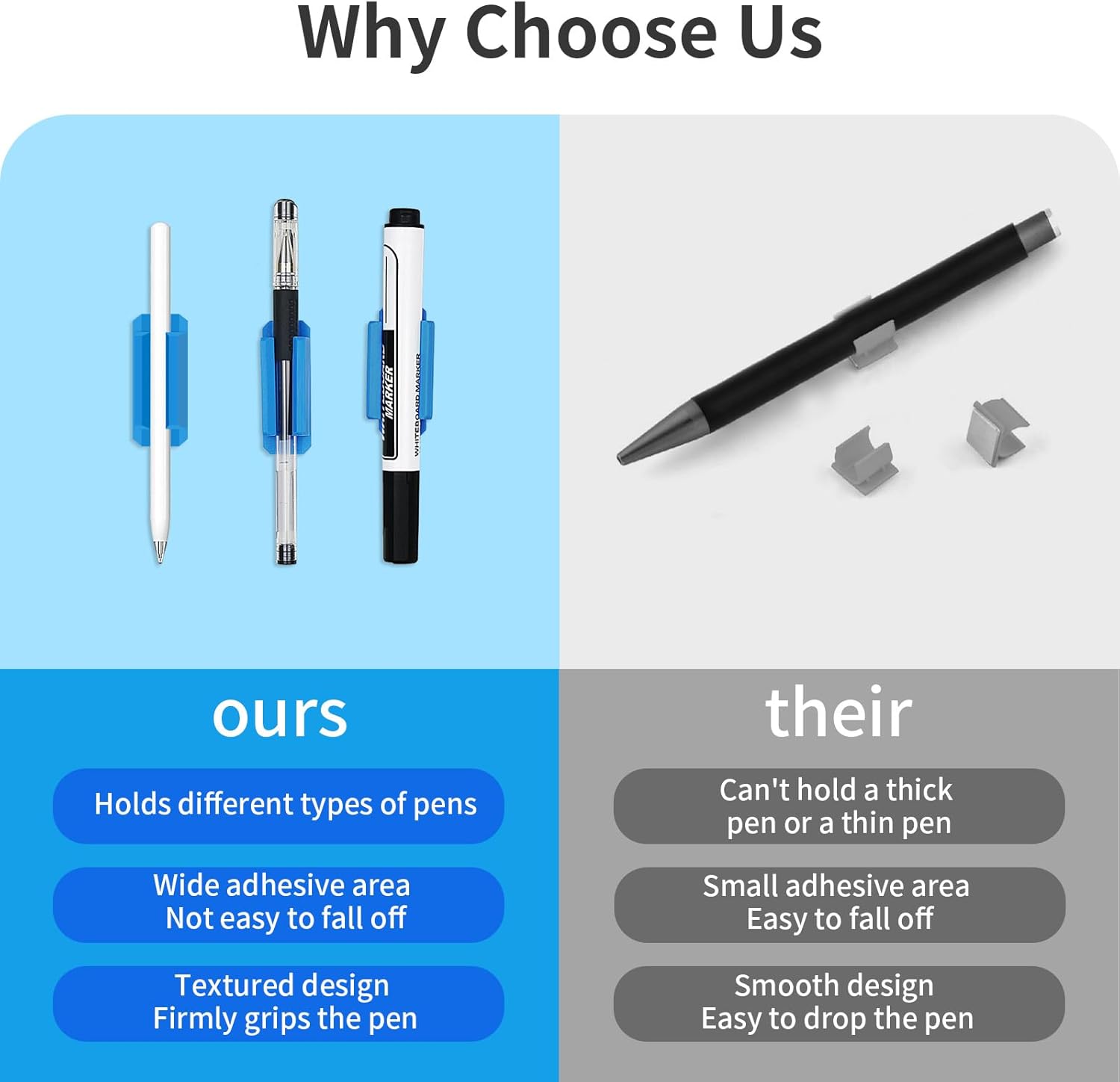 12 Pack Pen Holder for Desk, Silicone Pencil Holder with 12 Extra Adhesive Stickers, Adhesive Pen Holder & Marker Clip for Classroom Office Desk or Any Surface, Teacher Accessories Supplies (Blue)