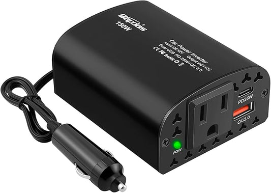 150W Car Power Inverter DC 12V to 110V AC Car Outlet Adapter with PD 25W &QC3.0 USB Ports Laptop Car Charger