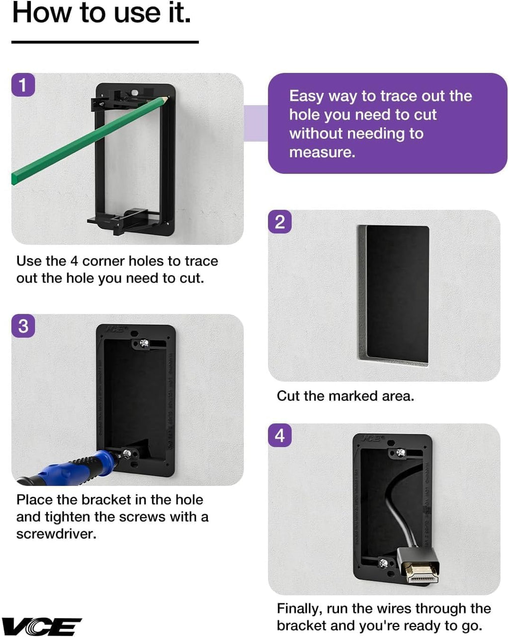 VCE Black Ethernet Wall Plate (UL-Listed), 1-Port CAT6 Wall Plate and Jack, RJ45 Keystone Wall Outlet with Single Gang Low Voltage Mounting Bracket, 2-Pack