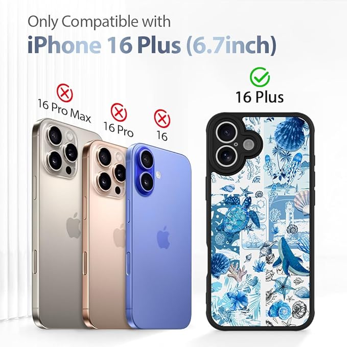 AIGOMARA Case for iPhone 16 Plus [Compatible with MagSafe] Blue Turtle Shell Ocean Collage Pattern Design for Women Girls Men Soft TPU Bumper Hack PC Back Shockproof Protective Slim Magnetic Cover
