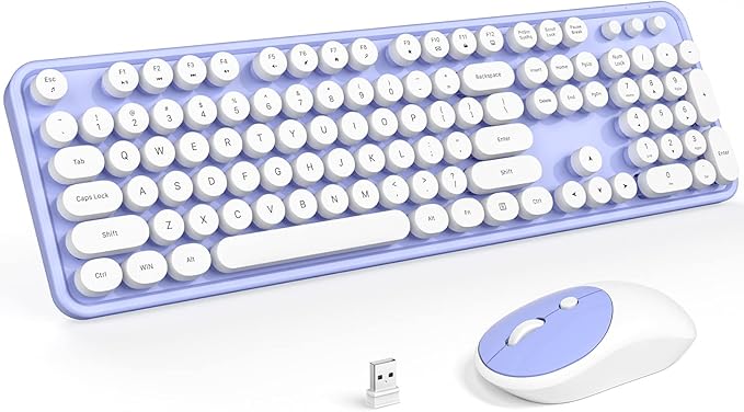 KNOWSQT Wireless Keyboard and Mouse Combo - White-Purple Full-Sized 2.4 GHz 104 Keys Typewriter Cute Keyboard, Round Keycap and Optical Mouse for Windows, Computer, PC, Laptop, Desktop
