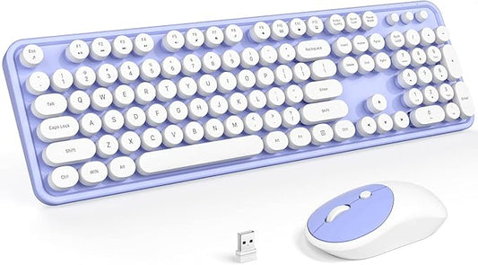 KNOWSQT Wireless Keyboard and Mouse Combo - White-Purple Full-Sized 2.4 GHz 104 Keys Typewriter Cute Keyboard, Round Keycap and Optical Mouse for Windows, Computer, PC, Laptop, Desktop