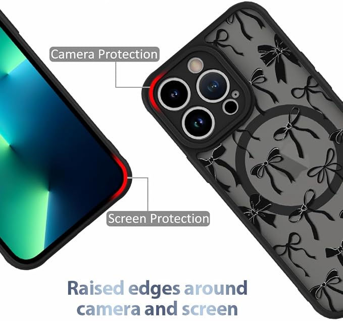 AIGOMARA Case for iPhone 13 Pro [Compatible with MagSafe] Black Ribbon Bow Pattern Design Soft TPU Bumper Hard PC Back Anti-Fall Shockproof Protective Slim Magnetic Cover for Women Girls