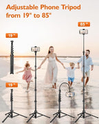 Phone Tripod, 85" Tall Tripod for iPhone with Gooseneck and Remote, Overhead Phone Stand for Recording Watching Cooking Fitness Vlog, Compatible with iPhone Android, Black