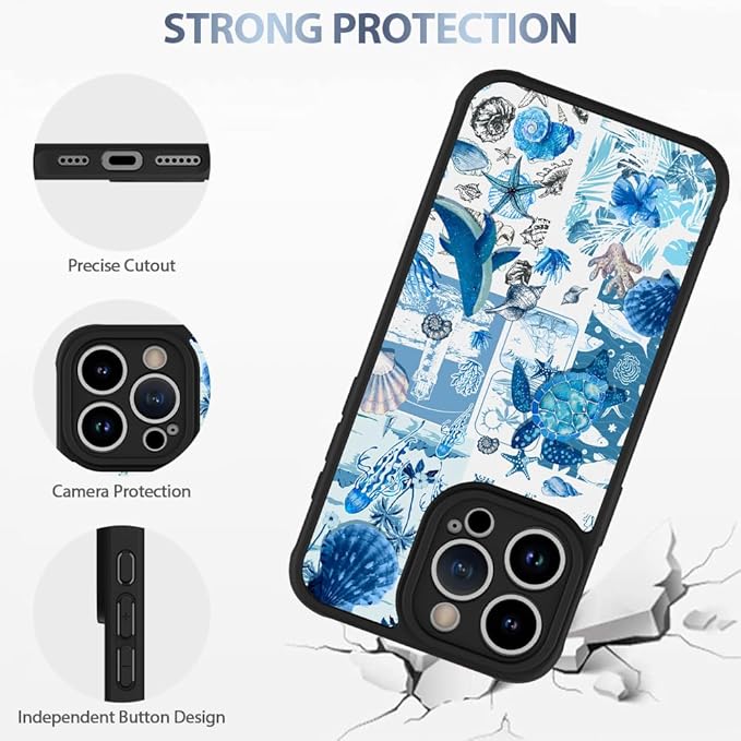 AIGOMARA Case for iPhone 15 Pro [Compatible with MagSafe] Blue Turtle Shell Ocean Collage Pattern Design for Women Girls Men Soft TPU Bumper Hack PC Back Shockproof Protective Slim Magnetic Cover