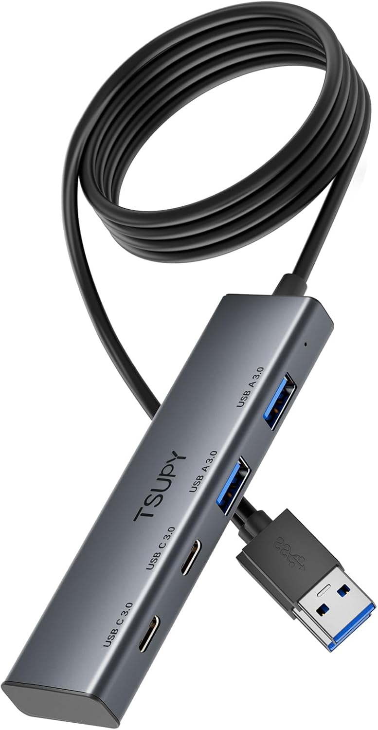 TSUPY Multi USB C USB A 3.0 Hub with 4FT Extended Cable,4 Ports Aluminium USB 3.0 Splitter,2 USB-C & 2 USB-A Ports USB Extender Hub for Laptop, PC, Flash Drive, Mobile HDD,Printer, Mouse, Keyboard