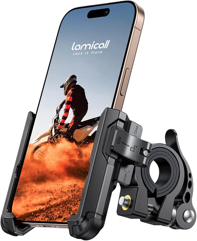 Lamicall Motorcycle Bike Phone Mount - [No Block Camera] [1s Lock] Bike Cell Phone Holder Clamp, Bicycle Scooter Handlebar Clip, for iPhone 16 15 14 Pro Max, Galaxy S25 S24 Ultra, 4.7-7" Phones