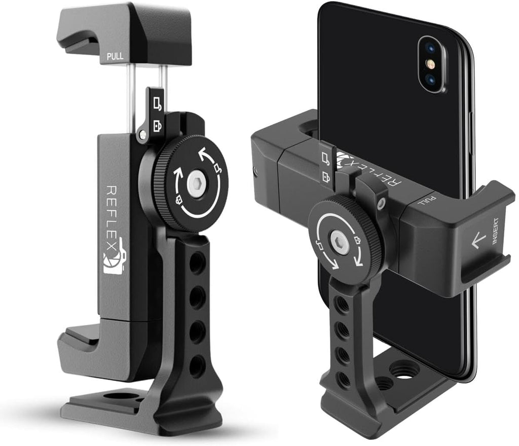 REFLEX CAMERA Metal Mobile Phone Tripod Mount, 360° Rotatable with Cold Shoe Mount, Universal Smartphone Attachment Clamp, 1/4" & 3/8" Mounting Screw Holes, Arca Swiss compatible Base Plate for iPhone