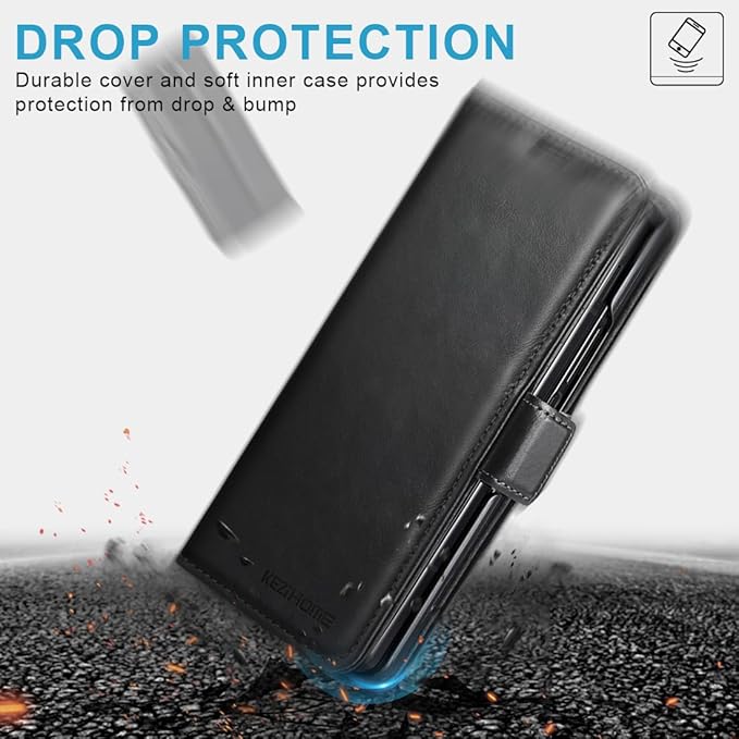 KEZiHOME for Samsung Galaxy Z Fold 6 Case, Genuine Leather Wallet Case [RFID Blocking] with Card Holder Kickstand Folio Protective Phone Cover Compatible with Galaxy Z Fold6 (Black)