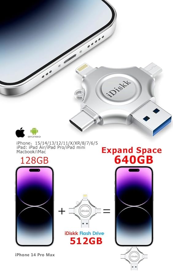 iDiskk App-le MFI Certified 512GB,Flash Drive for iPhone Photo Stick,for iPhone 15 and 16,Flash Drive for Photos and Videos,iPhone USB Storage,Photo Stick, for iPad Android Samsung (4 in 1)