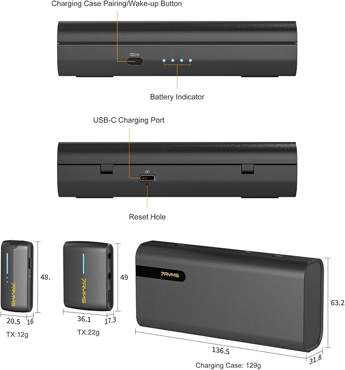 7RYMS iRay DW40 Wireless Lavalier Microphone with Four Transmitters One Charging Case Support AI Denoise, 48kHz/24bit Recording for Video Vlog, Interview, Live Streaming, Podcasting-Black