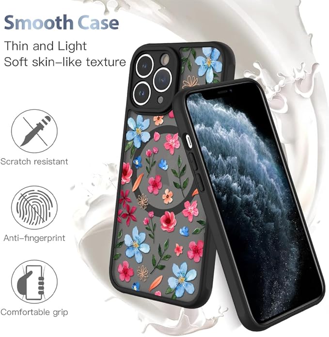 AIGOMARA Magnetic Case for iPhone 11 Pro Max [Compatible with MagSafe] Cute Pink Blue Flower Floral Pattern Soft TPU Bumper Hard PC Back Anti-Fall Shockproof Protective Slim Cover for Women Girls