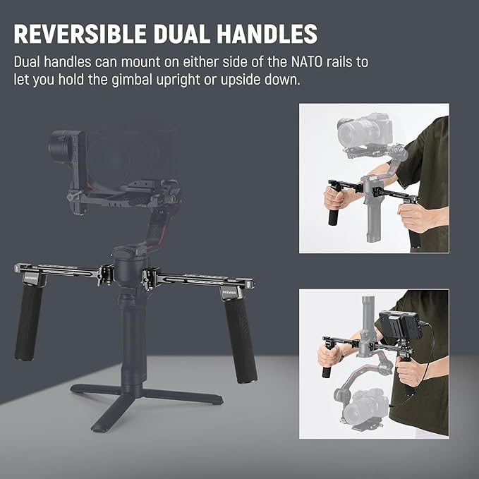 NEEWER Dual Handgrip Compatible with DJI RS4 RS4 Pro RS3 RS3 Pro RS2 RSC2 Ronin S SC Gimbal, Dual Handle Kit with 2 Mini NATO Rails, Quick Release NATO Clamps, 1/4" & 3/8" Threads, GA006