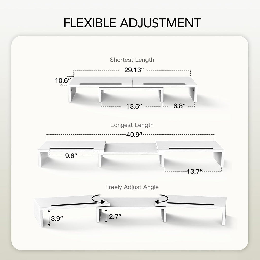 AMERIERGO Dual Monitor Stand Riser- 3 Shelf Screen Stand with Adjustable Length and Angle, 2 Extra Functional Slot Desktop Organizer Stand for PC, Computer, Laptop (White)