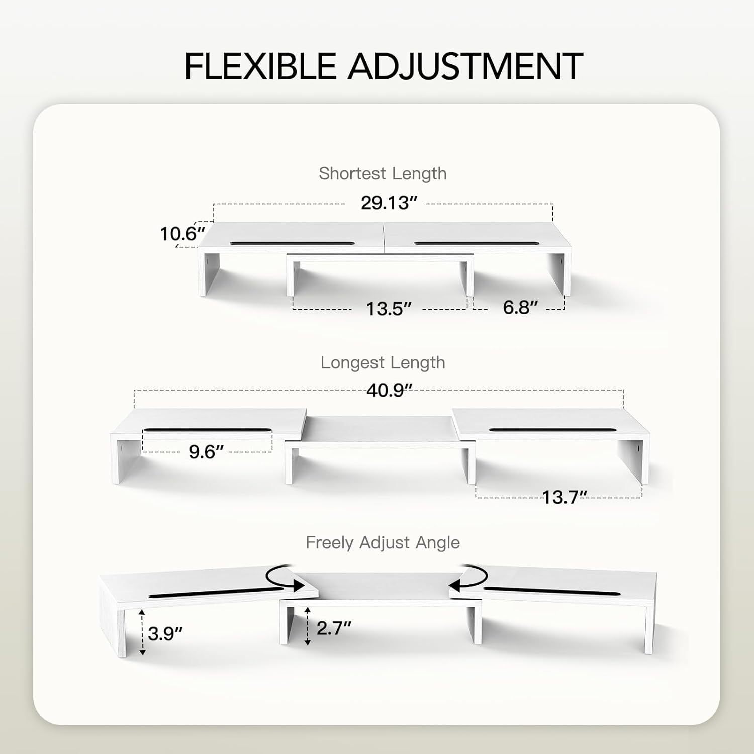AMERIERGO Dual Monitor Stand Riser- 3 Shelf Screen Stand with Adjustable Length and Angle, 2 Extra Functional Slot Desktop Organizer Stand for PC, Computer, Laptop (White)