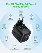 MOMAX Mini Universal Travel Adapter, GaN 70W International Power Adapter, 2 AC, 3 USB-C PD Fast Charging & 2 USB-A QC, Travel Essentials for All European Travel Plug Adapter UK AUS JP