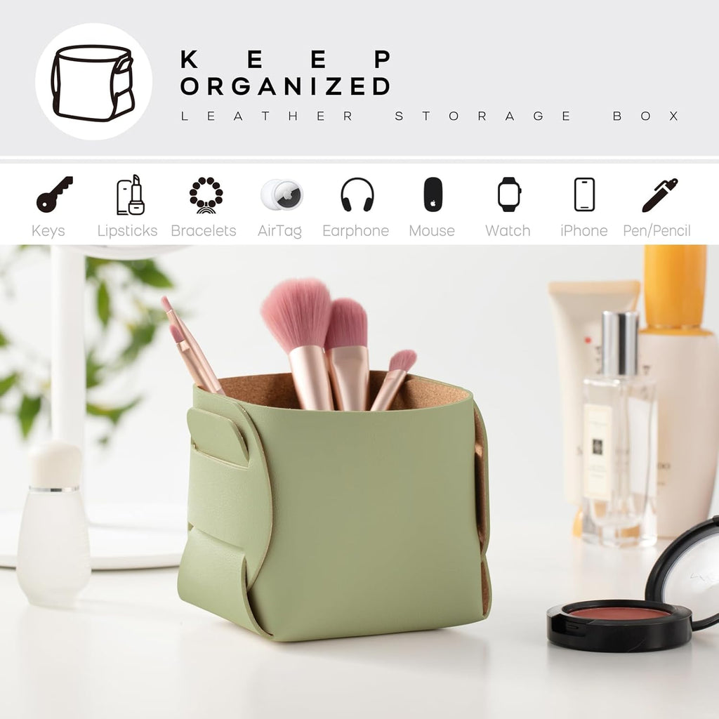 HOMIEAZICOZI 2-Pack Cork Leather Desk Accessories Storage - Pencil Pen Holder - Makeup Brush Holder Organizer - Stylish Addition to Home Decor (Light Green)