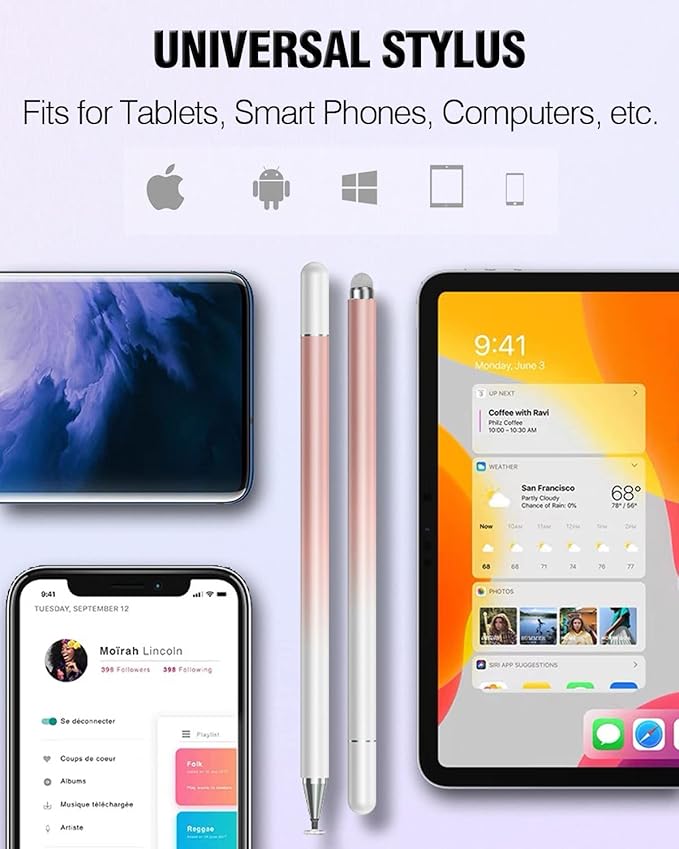 Stylus Pens for Touch Screens, 2 in 1 High Precision Universal Stylus Pen for iPad Compatible with Apple, iPhone, iPad, Android, Samsung Tablets, Phones, 3 Pack-Pink, Purple, Yellow