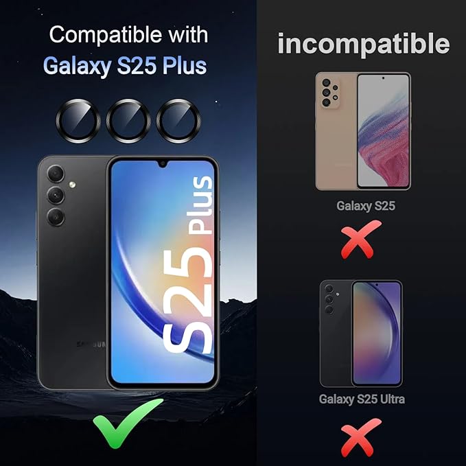 Korecase for Galaxy S25 Plus Camera Lens Protector, 9H Tempered Glass Anti Scratch Camera Screen Protector Shockproof Film Shcokproof Metal Ring Lens Protecor for Galaxy S25+Plus (Black)