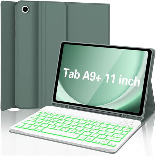 Keyboard Case for Samsung Galaxy Tab A9 Plus 5G 11 inch 2023 (SM-X210/X216/X218), 7 Color Backlit Detachable Keyboard Bluetooth, Smart Folio Cover with S Pen Holder for Galaxy Tab A9+ 11"(Dark Green)