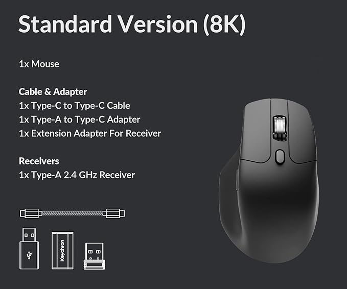 Keychron M6 8000 Hz Wireless Bluetooth 2.4 GHz/Wired Connection Mouse, Lightweight Body Programmable PixArt 3950 Sensor for Windows Mac Linux - Black