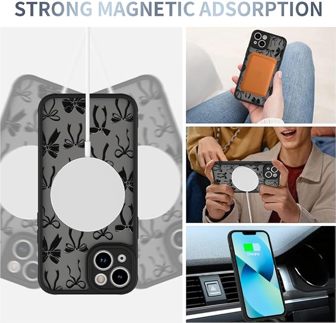 AIGOMARA Case for iPhone 13 [Compatible with MagSafe] Black Ribbon Bow Pattern Design Soft TPU Bumper Hard PC Back Anti-Fall Shockproof Protective Slim Magnetic Cover for Women Girls