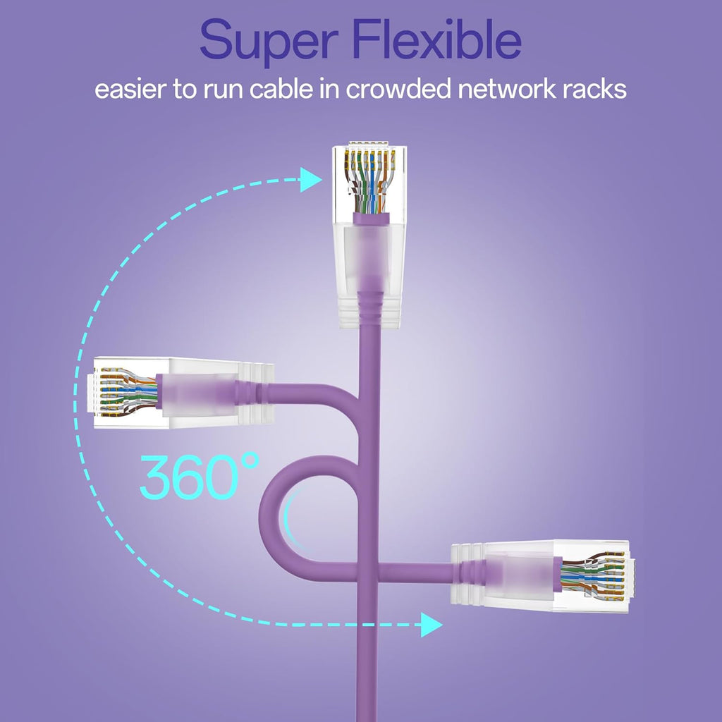 Cat6a Patch Cables 3ft (24 Pack) Slim, Cat6 Ethernet Patch Cable Pure Copper, Flexible Cat 6 Patch Cable 550MHZ 10G, Space-Saving Cat 6A Network Cables for Patch Panel, Purple