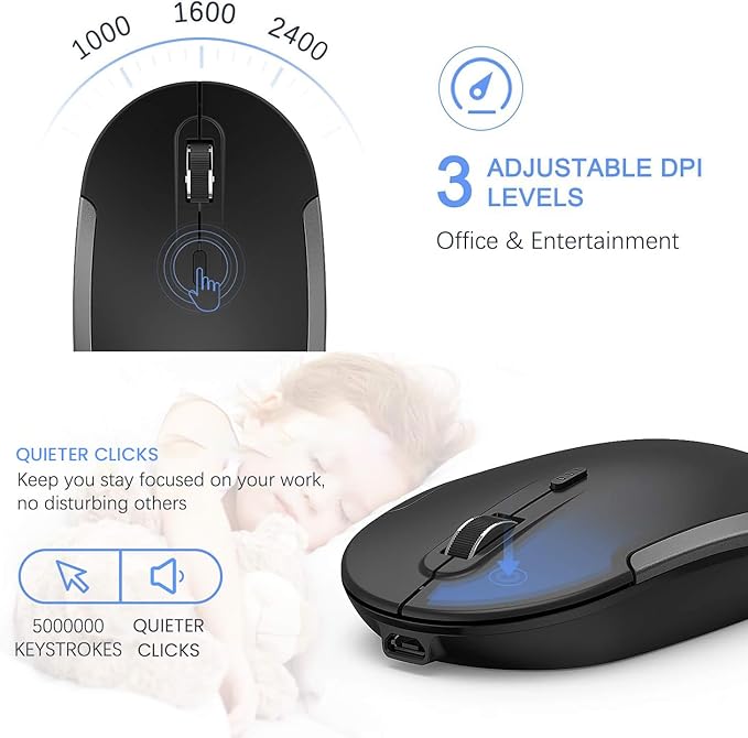 Wireless Keyboard and Mouse, Vssoplor Rechargeable Quiet Full-Size Keyboard and Mouse Combo Set Ultra Slim Design for Laptop, PC, Notebook, Desktop-Dark Gray