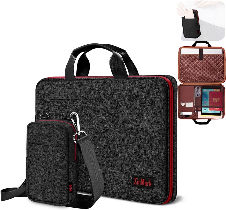 Laptop Case 15.6 Inch Briefcase Military-Grade Protection with Detachable Belt Bag, Compatible All Model of 15-16 Inch MacBook Pro and Most Popular 15.6 Inch Notebooks Chromebooks (Black Red)