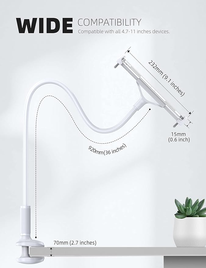 Lamicall Gooseneck Tablet Mount Holder for Bed Flexible Tablet Arm Clamp for Bed Compatible with Pad Pro 10.5, Air 9.7, Mini 7.9, Galaxy Tabs, Switch, More 4.7-11" Device - White