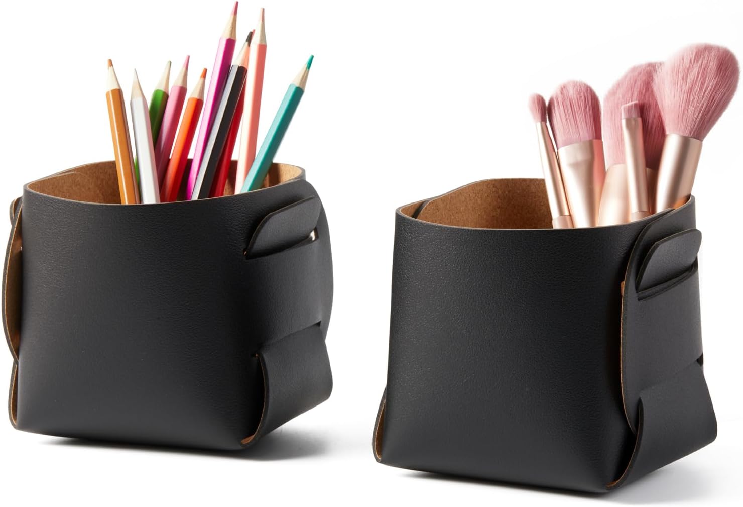 HOMIEAZICOZI 2-Pack Cork Leather Desk Accessories Storage - Pencil Pen Holder - Makeup Brush Holder Organizer - Stylish Addition to Home Decor (Black)