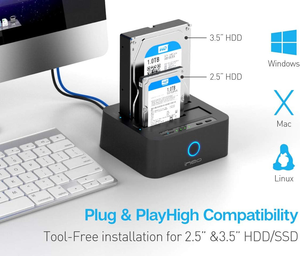 ineo USB 3.1 Gen1 to SATA 2.5" or 3.5 inch SSD/HDD Docking Station (Clone Docking)