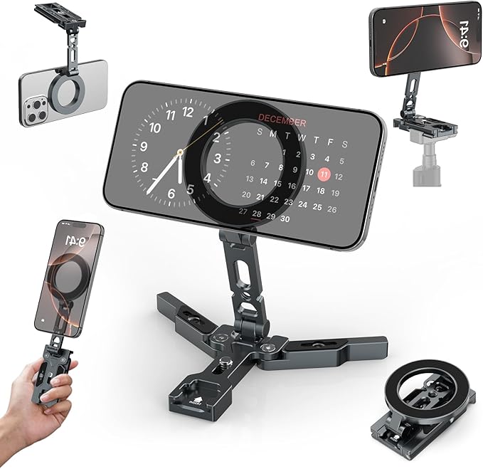 Magnetic Phone Tripod Stand,Foldable Cell Phone Holder for Magsafe with Arca-Swiss,1/4'' Screw Hole,Cold Shoe Mount,Pocket Mini Aluminum Selfie Stick Tripod Mount for iPhone/Android,Desk,Travel