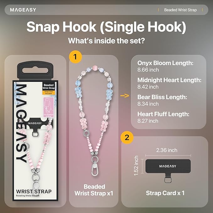 MAGEASY Beaded Phone Charm for Women - Cell Phone Wrist Strap with Teather Tab, Designed for iPhone & Android Phones, Keychain, Camera - Heart Fluff