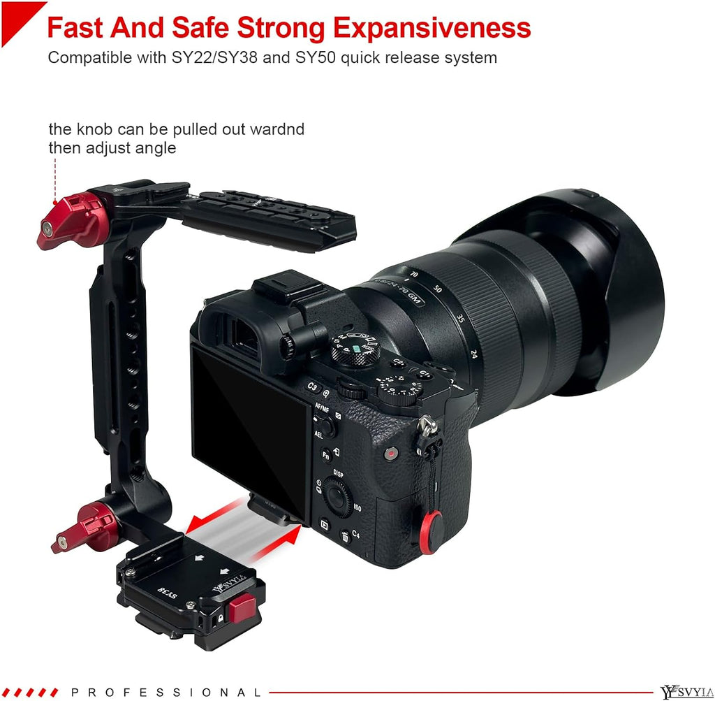 SY38 Camera Quick Release Foldable Half Cage,Camera Cage Compatible with SY22 SY38 SY50 Quick Release System,Compatible Arca and 38mm 50mm Bayonet and Tripod on The Market,V3802