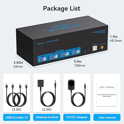 8K@60Hz HDMI Displayport KVM Switch 3 Monitors 2 Computers 4K@120Hz Triple Monitor KVM Switches for 2 PC Share 4 USB 3.0 Ports Support Extended & Copy Mode Desktop Controller 12V Adapter Included