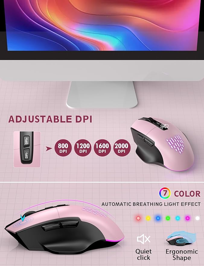 Wireless Keyboard and Mouse Backlits, Wrist Rest, LED Mouse, Rechargeable Ergonomic Keyboard with Phone Holder, Silent Light Up Combo for Computer, Mac, PC, Laptop, Chromebook (Rose Gold)