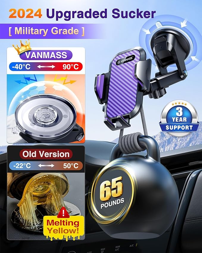 VANMASS [Longest Lasting] True Military-Grade Car Phone Holder Strongest Suction & Clip Cell Mount Dashboard Windshield Vent Automobile Cradle Truck Accessories for iPhone 16 15 Pro Max 14 13 Android