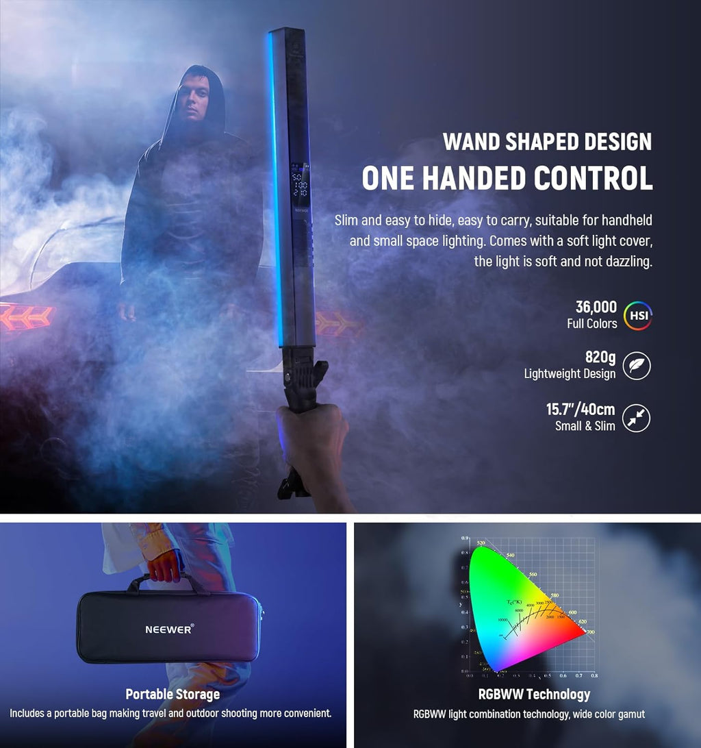 NEEWER RGB2 LED Tube Light Stick with Metal Barndoor, Handle, Touch Bar/APP/2.4G Control, Rechargeable Magnetic Handheld RGB Video Light, 2500K-10000K CRI98+ Dimmable Photography Lighting, 18 Scenes