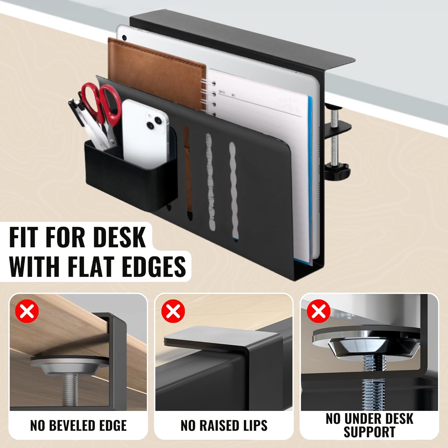 Desk Side Storage – Heavy-Duty Steel Laptop Holder Desk Attachment with Magnetic Pen Holder, Side Table No Drill Clamp Desk Organizer, Hanging Desk Organizer for Home & Office – Black