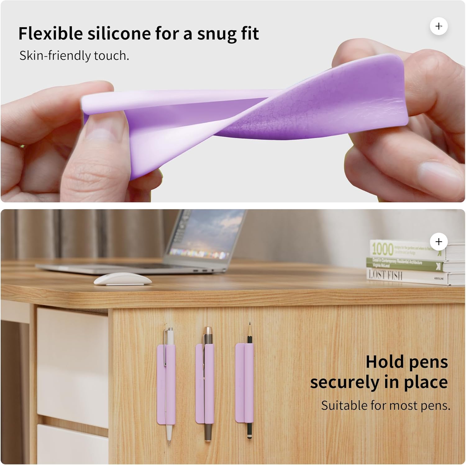 ELETIUO Pencil Holder For Most Pens,Pencils,Self-Adhesive Stick To Notebooks,Diary,Desks,Whiteboards Or Any Surface,Silicone Pen Holder For Home,Office And Desk Organization,Purple