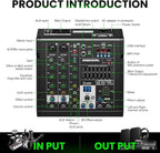 4 Channel Audio Interface DJ Mixer with 99 DSP Reverb Delay Effect USB Audio Interface +48V Phantom Bluetooth for Karaoke Studio Streaming Recording,Live Broadcasting,Podcasting