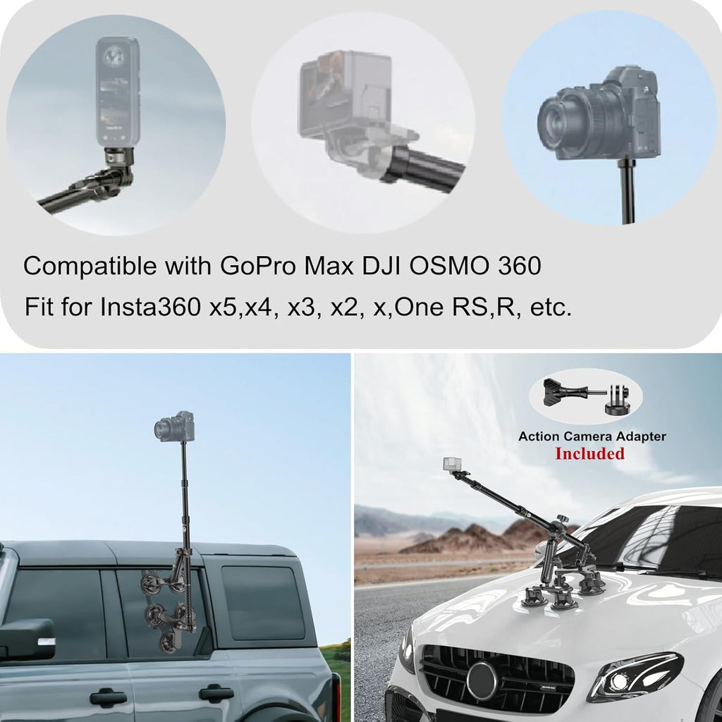 BRCOVAN Suction Cup Car Camera Mount Kit with Metal Extendable Selfie Stick, Dual Aluminum Alloy Arm, with Action Camera Adapter & 1/4"-20 Camera Thread, with Flagpole Accessories