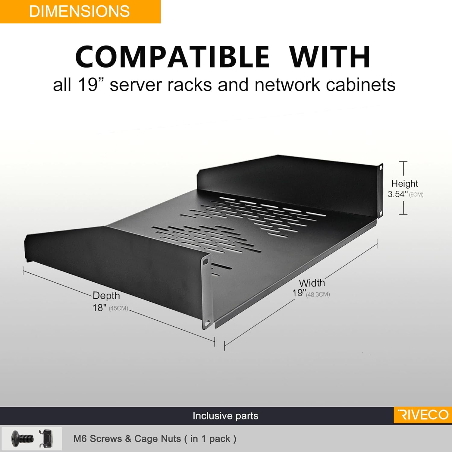 RIVECO 2U Server Rack Shelves for 19" Network Cabinet, Rack Mount Vented Cantilever Trays for Deep IT & Audio Equipment, 18" Depth, 2 PCS Black