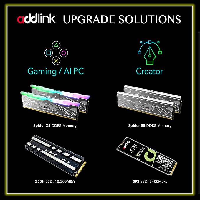 Addlink G55H 1TB PCIe 5.0 Gen5 NVMe M.2 SSD with Heatsink - Up to 10,200 MB/s - Game Ready - Internal Solid State Drive - Compatible with PCs and PS5 (ad1TBG55HM2P)