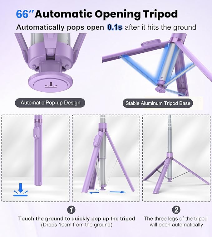 TONEOF 66" Automatic Tripod,Auto-Open Phone Tripod Stand with Magnetic Rechargable Remote,Selfie Stick Tripod 360° Vertical & Horizontal Rotatable,Stable Travel Tripod for iPhone/Android(Purple)