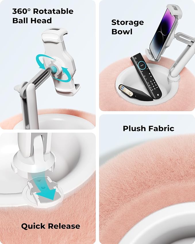 Viozon Tablet Stand Pillow, Compatible with 4.7"-13" Phone/Tablet, iPad, iPhone, Samsung, Google, Kindle, 360°Adjustable Phone Holder for Bed with Soft Plush Fabric, and Detachable Bowl, Pink