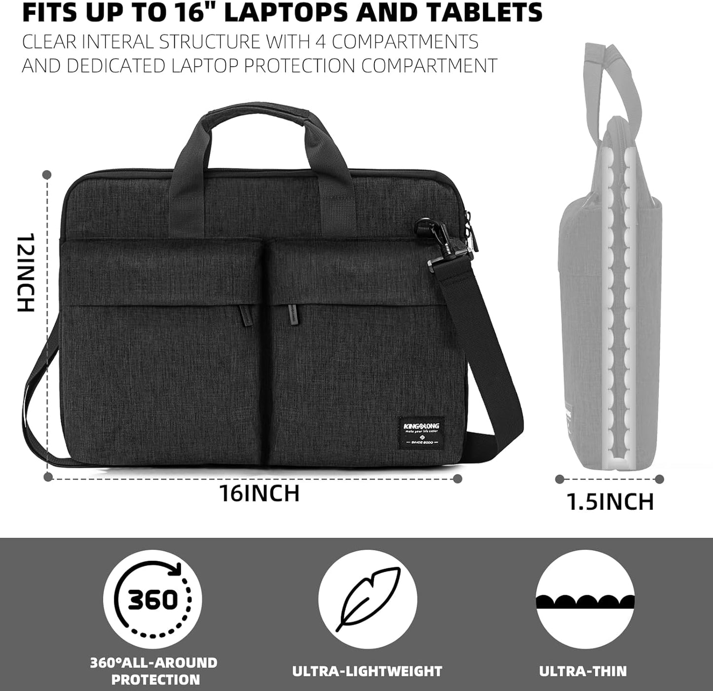 KINGSLONG 15.6 inch Laptop Shoulder Bag,Slim Shockproof Computer Sleeve Notebook Ultrabooks Carrying Case Handbag Cover Fit for Acer Asus Dell Lenovo HP Toshiba, Black