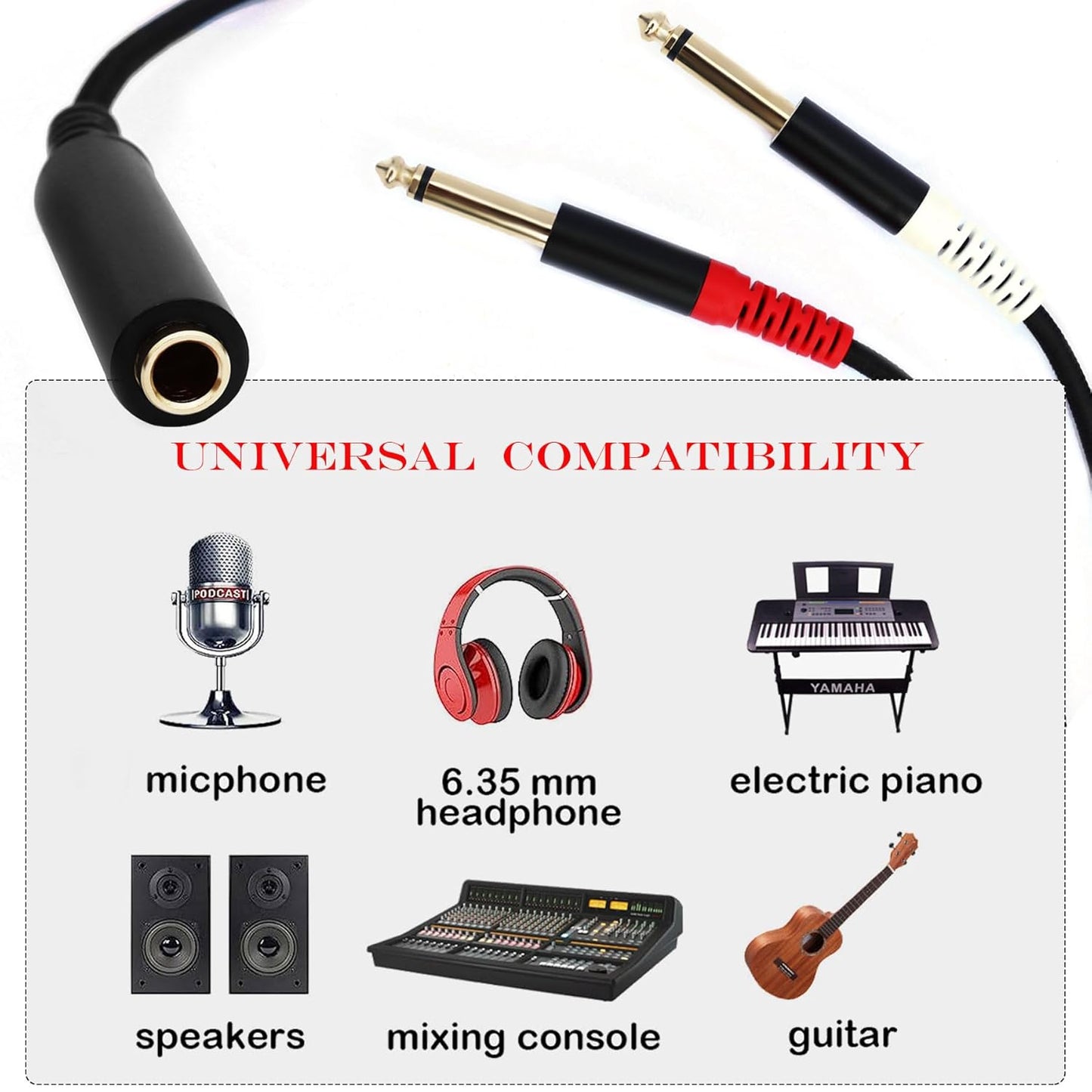 1/4 TRS Female to Dual 1/4 TS Y Splitter Cable Adapter, 1/4" Female TRS to Dual 6.35mm TS Male Adapter, 6.35mm 1/4 Inch Female to Two 6.35mm 1/4 inch TS Stereo Breakout Cable - 1 ft